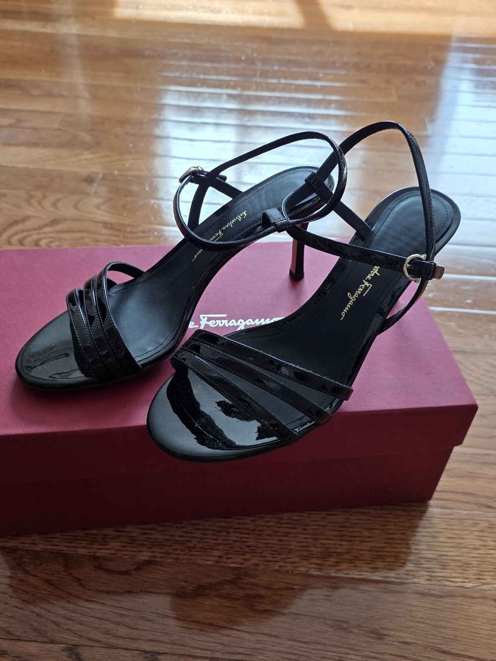 Salvatore Ferragamo Black Patent Leather Strappy Sandals